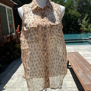 Equipment Cream and Brown Sheer Animal Print Sleeveless Blouse